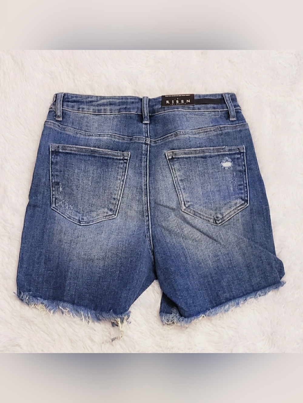 RISEN DISTRESSED MID THIGH DENIM SHORTS - Picture 7 of 8